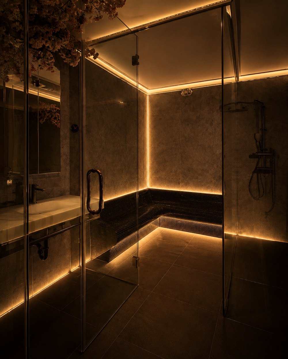 Sakura steam room at night, lit by warm ambient light beneath cherry blossoms
